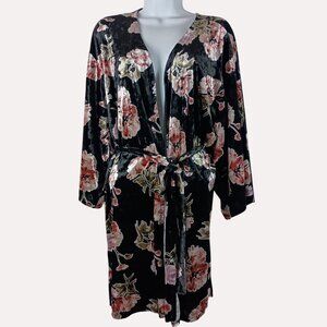 Velvet Kimono Robe Womens XL Black Floral Belted Whimsigoth Glam Boho